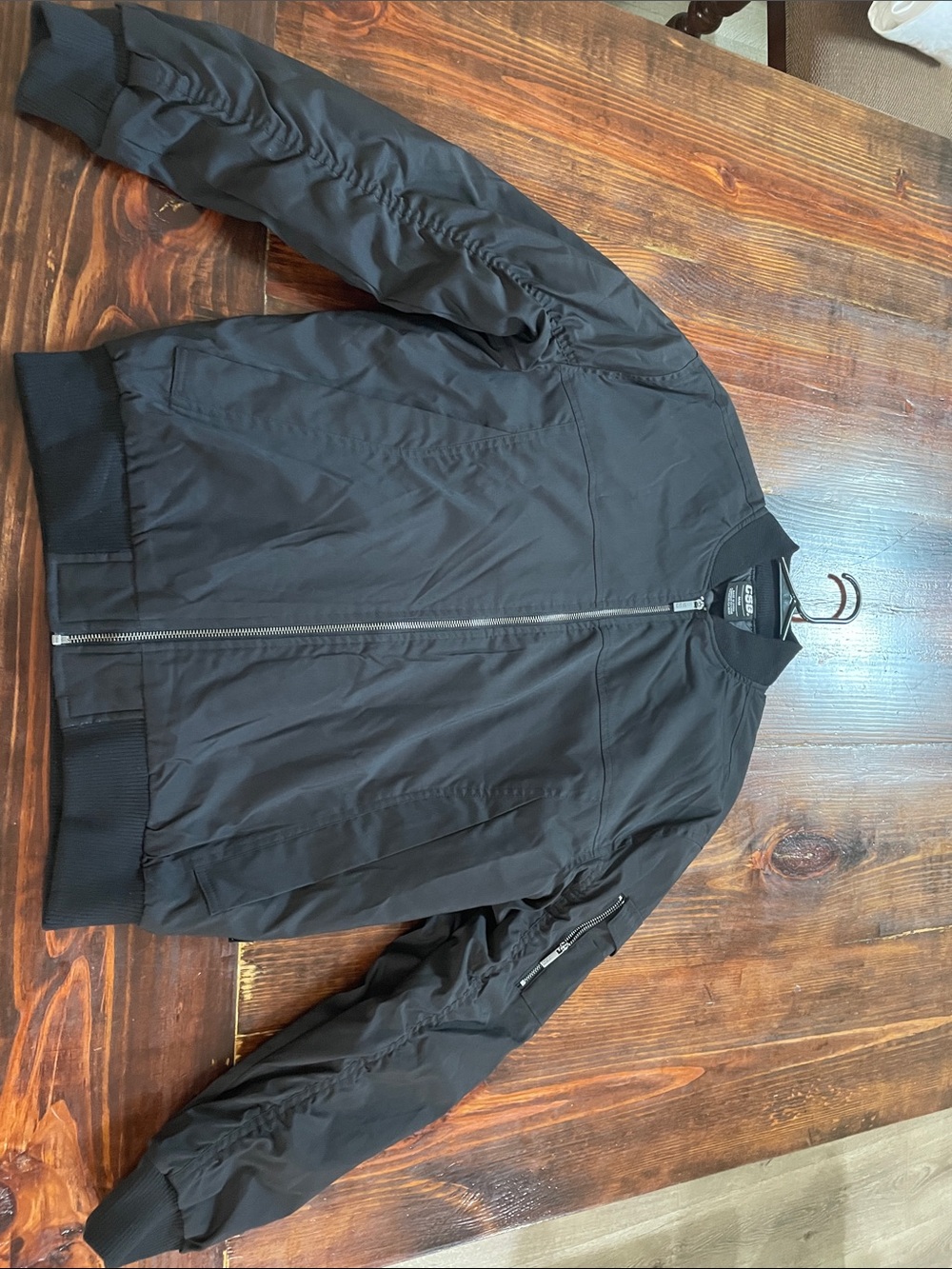 Men's Black Bomber Jacket with Zip Front and Sleeve Utility Pocket